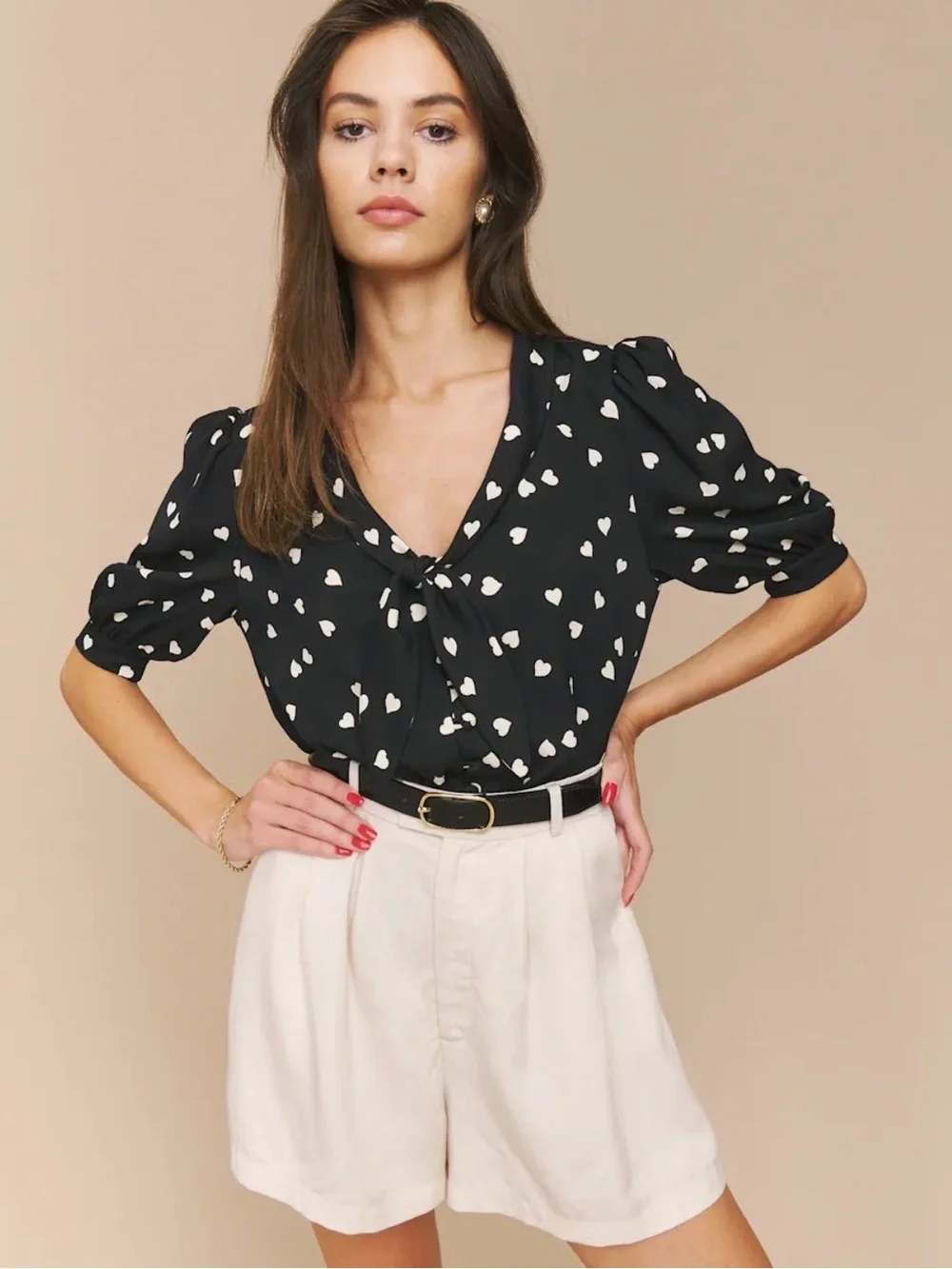 Reformation Black Heart-Print Tie-Neck Blouse